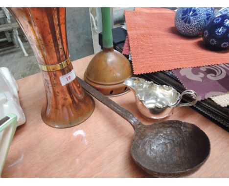 A copper poser and vase, a vintage case label and a silver plated sauce boat