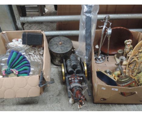 Two boxes of miscellaneous including ceramic Shire horse and cart, glassware, metalware etc