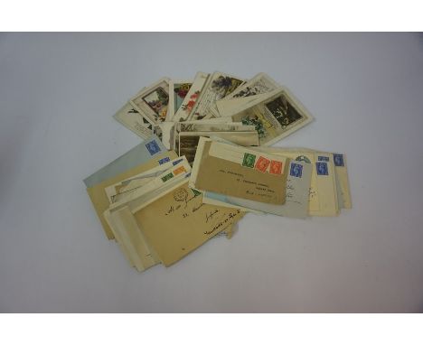 A Mixed Lot of Vintage Postcards and Ephemera, To include unfranked British stamps, circa 1930s, also with some world dolls, 