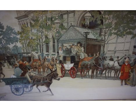 Ludovic "Horse Drawn Carriages" Print, signed to lower left, 37cm x 65cm, in an oak frame