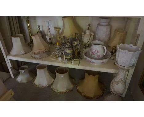 A Quantity of Table Lamps and Shades, Also to include a pottery toilet ewer and basin by Limoges, etc, approximately 25 piece