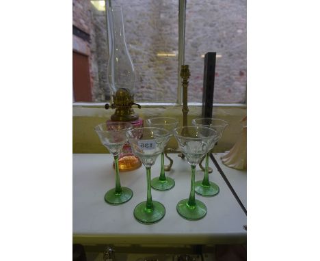 Five Matching Art Nouveau Hock Glasses, Having green stems, also with a Duplex oil lamp, a Benson style brass table lamp, and