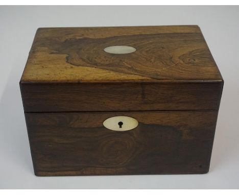 A Regency Rosewood Tea Caddy, Having a mother of pearl cartouche and escutcheon, lacking mixing jar, 16cm high, 24cm wide