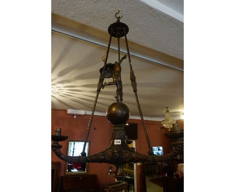 A Cast Bronze Renaissance Style Ceiling Light, circa early 20th century, Decorated with a figure of Mercury above an orb of t