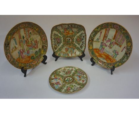 Four Pieces of Canton Famille Rose Porcelain, circa 19th century, Comprising of a square shaped dish, a pair of plates, and a