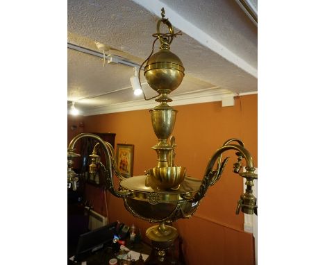 A Neo Classical Style Brass Ceiling Light, 20th century, Having five sconces, 94cm high, matches previous lot
