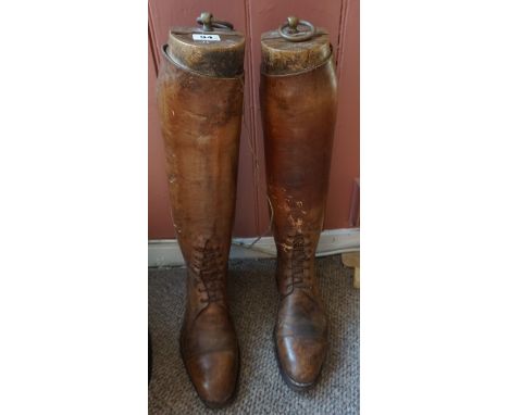 A Pair of Vintage Tan Leather Riding Boots, Having wooden trees, 50cm high, (2)