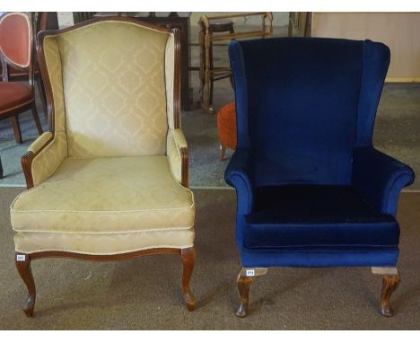 A Vintage Wing Armchair, Upholstered in blue velour, 97cm high, also with another armchair, 105cm high, (2)