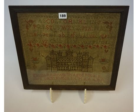 A Mid Victorian Framed Sampler, Worked by Emma Bamsworth aged 9 years, dated 1858, 35cm x 40cm, also with a Medici print, "He