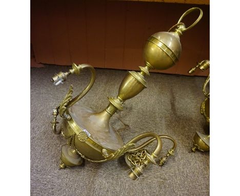 A Neo Classical Style Brass Ceiling Light, 20th century, having five sconces, 95cm high, 