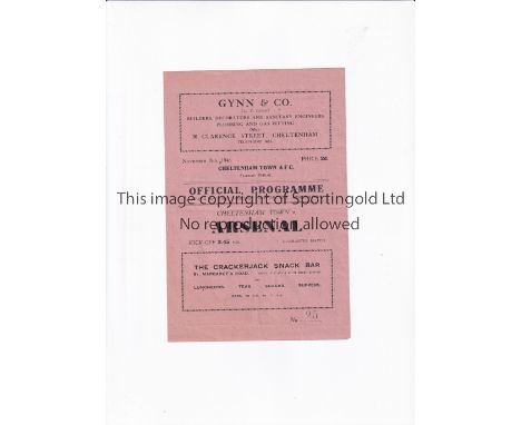 ARSENAL Programme for the away Friendly v Cheltenham Town 2/11/1946, slightly creased and scores entered. Generally good