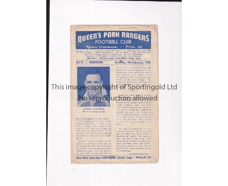 1945/6 FA CUP / QPR V BRENTFORD Programme for the tie at Rangers 9/2/1946, slightly creased and very slightly worn. Fair to g