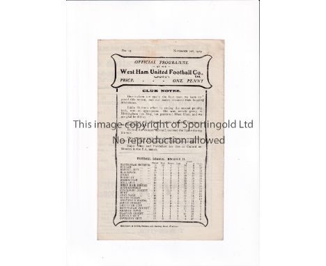 WEST HAM UNITED 1919-20 / FIRST LEAGUE SEASON Programme for the home League match v Birmingham 1/11/1919. Generally good