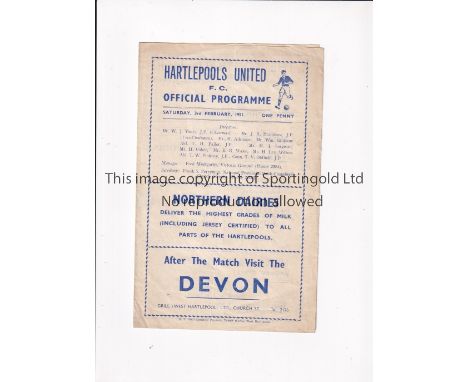 SHREWSBURY TOWN / FIRST LEAGUE SEASON 1950/1 Away programme for the League match v Hartlepools United 3/2/1951, very slightly