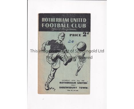 SHREWSBURY TOWN / FIRST LEAGUE SEASON 1950/1 Away programme for the League match v Rotherham United 21/4/1951, horizontal fol