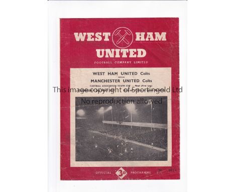 1956 F.A. YOUTH CUP FINAL Programme for the 1st Leg, West Ham United at home v Manchester United 2/5/1957, folds. Fair to gen
