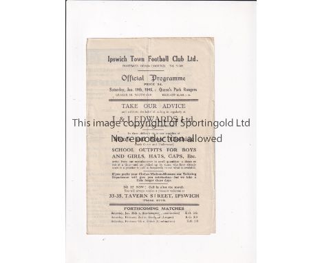 1946 IPSWICH TOWN V QPR Programme for the League South Cup tie at Portman Road on 19/1/46. Small professional repair to edge 