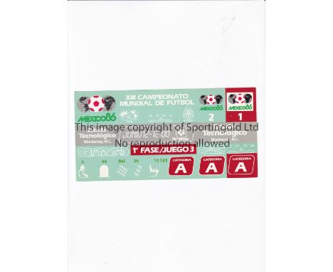 1986 WORLD CUP Unused ticket for Algeria v Spain 12/6 at the Technological Stadium. Staple holes on the left. Generally good