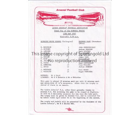 NEUTRAL AT ARSENAL F.C. Single sheet programme for the Schoolboys Gunners Trophy at Highbury 13/5/1987, Highbury Grove v Emer