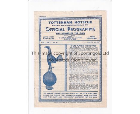 TOTTENHAM HOTSPUR V ARSENAL 1947 Single sheet programme for the Combination Cup tie at Tottenham 1/3/1947, folded and slightl
