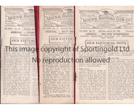 ARSENAL Three programmes for the home matches in the 1937/8 season v Bolton Wanderers FA Cup, slightly creased, WBA, slightly