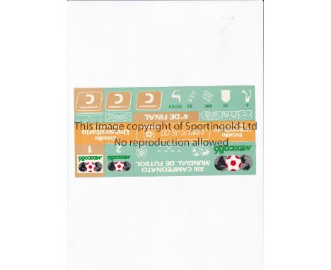 1986 WORLD CUP Unused ticket for the Quarter-Final, West Germany v Mexico 21/6/1986 at the University Stadium, Monterrey. Sta