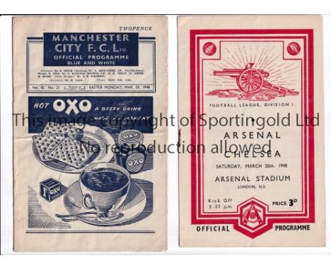 CHELSEA Two away programmes in the 1947/8 season v Arsenal and Manchester City, horizontal fold, team changes and scores ente