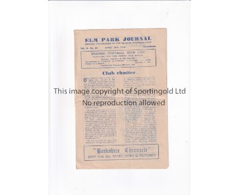 ARSENAL Programme for the away Combination match v Reading 24/4/1948, slightly creased, Generally good