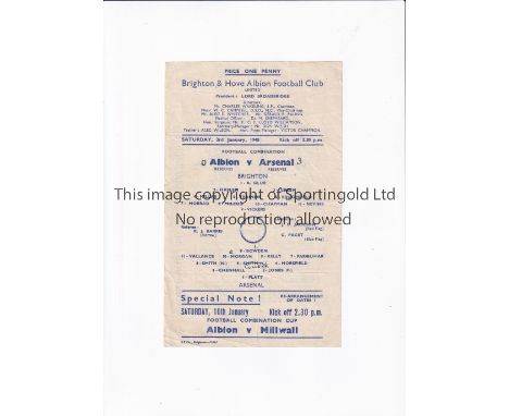 ARSENAL Single sheet programme for the away Combination Cup tie v Brighton &amp; Hove Albion 3/1/1948, slightly creased and s