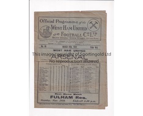 WEST HAM UNITED V ARSENAL 1932 Programme for the League match at West Ham 26/3/1932, folded and minor tears Fair to generally