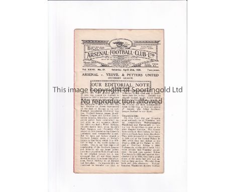 ARSENAL Programme for the home Southern League match v Yeovil &amp; Petters Utd 29/4/1938, slight vertical crease. Generally 