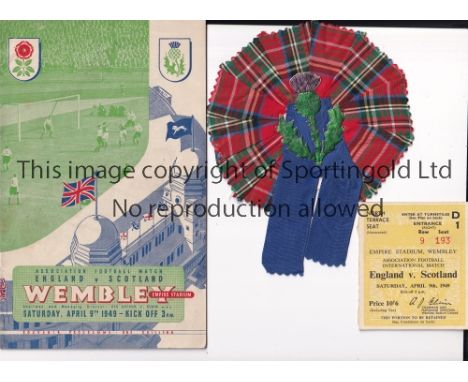 1949 ENGLAND V SCOTLAND Programme, ticket and Scottish tartan rosette. Good