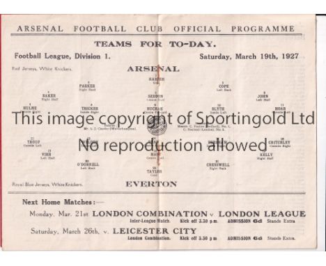 ARSENAL Programme for the home League match v Everton 19/3/1927, staples removed. Generally good