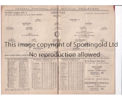 ARSENAL Programme for the home League match v Huddersfield Town 2/1/1937, slightly creased. Generally good