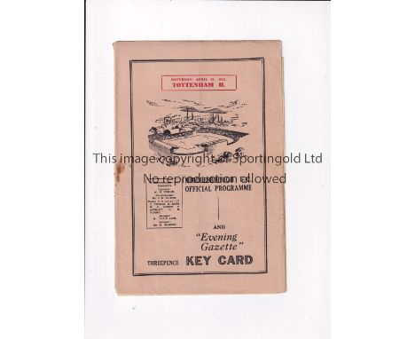 TOTTENHAM HOTSPUR Programme for the away League match v Middlesbrough 21/4/1951 in Spurs first Championship season, staple re
