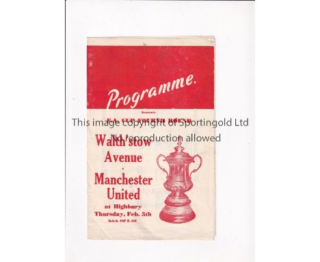 MANCHESTER UNITED V WALTHAMSTOW AVENUE 1953 AT ARSENAL Pirate programme issued by Buick for the FA Cup tie at Highbury 5/2/19