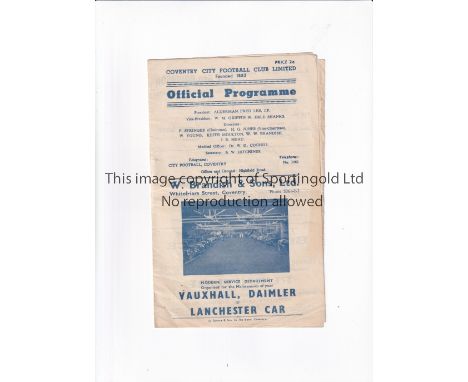 ARSENAL Programme for the away Combination Cup Semi-Final v Coventry City 7/6/1947, slightly creased and scores entered. Gene