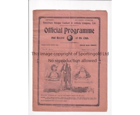 TOTTENHAM HOTSPUR V WOOLWICH ARSENAL 1912 Programme for the South Eastern League match at Tottenham 24/2/1912, clear tape on 
