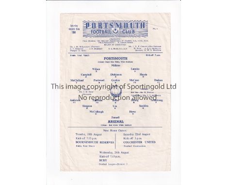 ARSENAL Single sheet programme for the away Friendly v Portsmouth 15/8/1964, horizontal crease. Generally good
