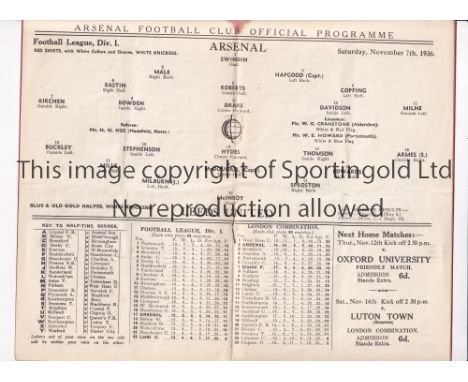ARSENAL V LEEDS UNITED 1936 Programme for the League match at Arsenal 7/11/1936, slightly creased. Generally good