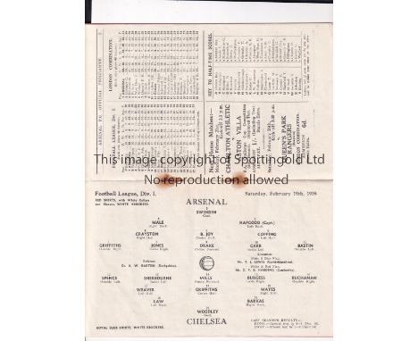 ARSENAL V CHELSEA 1938 Programme for the League match at Arsenal 19/2/1938, staples rusted away. Generally good