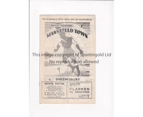 SHREWSBURY TOWN / FIRST LEAGUE SEASON 1950/1 Away programme for the League match v Mansfield Town 30/4/1951, very slightly cr
