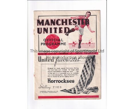 MANCHESTER UNITED Programme for the home FA Cup tie v Yeovil &amp; Petters United 8/1/1938, vertical fold and rusty staples. 