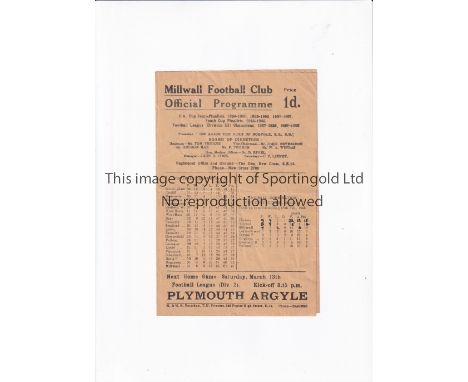 ARSENAL Programme for the away Combination Cup tie v Millwall 6/3/1948, slightly creased and scores entered. Generally good