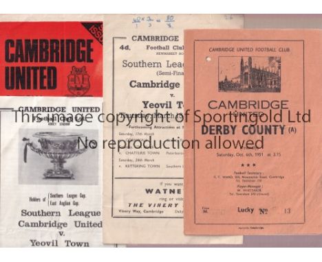 CAMBRIDGE UNITED HOMES Programmes for game at Cambridge U v 51/2 Derby County "A", one punched hole, 61/2 Yeovil numbers note