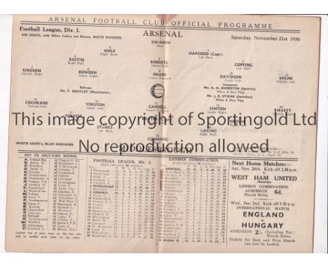 ARSENAL Programme for the home League match v Middlesbrough 21/11/1936, very slightly creased. Generally good