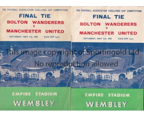 1958 FA CUP FINAL Two different versions of the official programme for Manchester United v Bolton Wanderers, one has the scor