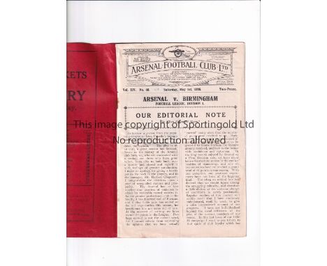 ARSENAL / RUNNERS-UP FOR THE FIRST TIME Programme for the final game of Herbert Chapman's first season with Arsenal 1925/6 Bi