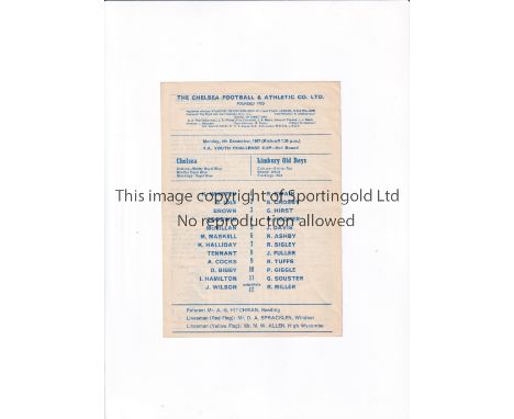 CHELSEA Single card home programme for the FA Youth Cup tie v Limbury Old Boys 4/12/1967. Good