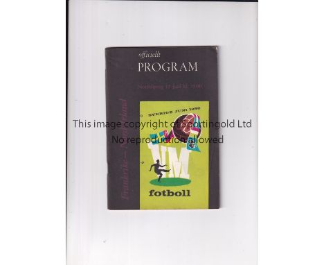 1958 WORLD CUP / SWEDEN Programme for the Quarter-Final France v Northern Ireland 19/6/1958 in Norrkoping, scores entered. Go